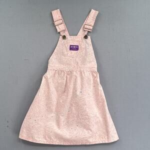 Vintage Oshkosh B’Gosh Jumper Dress Girl 7 Pink Floral Leaf Overall Bibs 90s USA